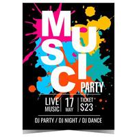 Music party invitation poster or banner with colourful blots, dots and splashes on black background. Vector design for disco dance event at night club with live DJ set and entertainment show.