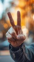 AI generated Close-up of male hand raising two fingers victory symbol, background image, generative AI photo