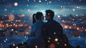 ai generado Pareja disfrutando un romántico noche en un techo debajo el estrellas, San Valentín día vibras, antecedentes imagen, generativo ai foto