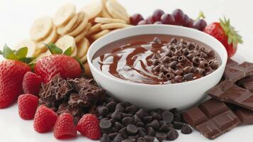 ai generado chocolate fondue, cuenco de Rico y aterciopelado chocolate fondue rodeado por un surtido de inmersión frutas y golosinas, antecedentes imagen, generativo ai foto