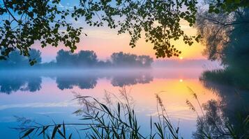 AI generated Tranquil Sunrise, serene atmosphere of a lake at sunrise, background image, generative AI photo