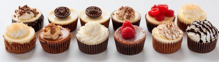 AI generated Mini Cheesecakes, assortment of mini cheesecakes with different flavors and toppings, background image, generative AI photo