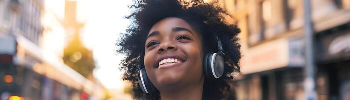 AI generated Portrait of a black teenage female smiling while wearing wireless headphones against city streets background, generative AI, background image photo