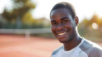 AI generated Smiling black male tennis player on the field, generative AI, background image photo