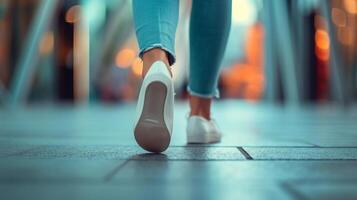 AI generated Close-up portrait of a woman's feet walking wearing casual shoes, generative AI photo