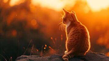 AI generated Back view portrait of a sitting cat against sunset background, background image, generative AI photo