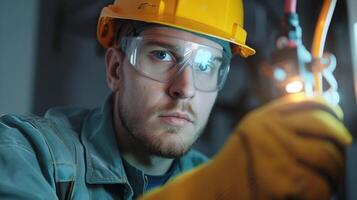 ai generado retrato de un electricista trabajando en serio, generativo ai foto