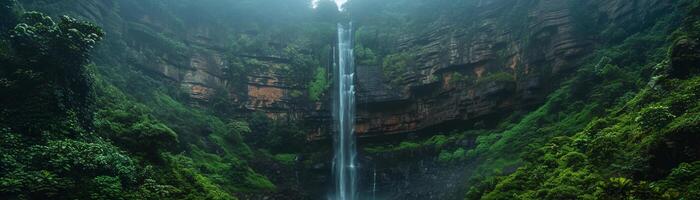 AI generated Grandeur of a towering waterfall cascading down rugged cliffs, background image, generative AI photo