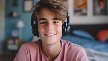 ai generado retrato de un blanco Adolescente masculino sonriente mientras vistiendo inalámbrico auriculares en contra su dormitorio fondo, generativo ai, antecedentes imagen foto