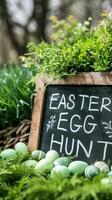 AI generated Photo of the text 'Easter Egg Hunt' written on a board side by side with rabbits and easter eggs, generative AI