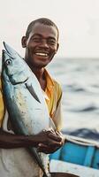AI generated Portrait of a smiling fisherman holding a big caught fish on a boat, generative AI, background image photo