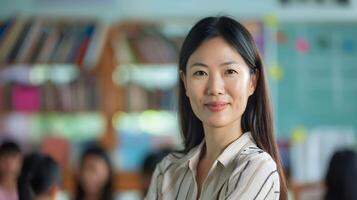 AI generated Portrait of an asian female teacher with her students in the background, background image, generative AI photo