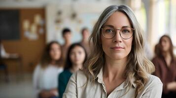 ai generado retrato de un blanco hembra profesor con su estudiantes en el fondo, antecedentes imagen, generativo ai foto