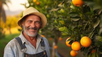 AI generated Portrait of a smiling orange farmer working in his orange orchard, generative AI, background image photo