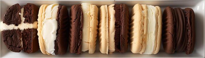 AI generated Ice Cream Sandwich Heaven, assortment of homemade ice cream sandwiches with soft cookies or brownies sandwiching creamy ice cream, generative AI photo