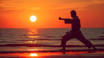 ai generado silueta retrato de un hombre practicando kárate en contra el antecedentes de el puesta de sol en el playa, generativo ai, antecedentes imagen foto