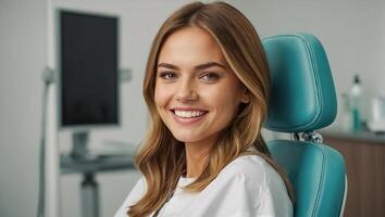 AI generated Portrait of a beautiful girl in a dental chair photo