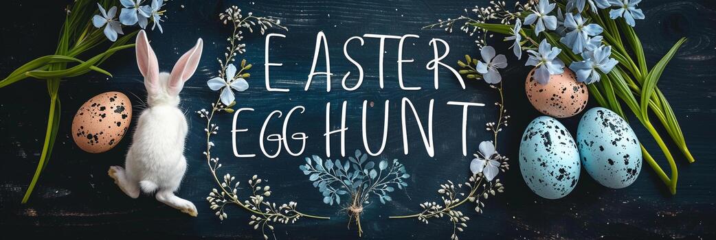 AI generated Photo of the text 'Easter Egg Hunt' written on a board side by side with rabbits and easter eggs, generative AI