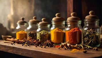 AI generated many different dry spices in glass jars in the kitchen photo