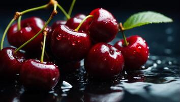 AI generated Juicy ripe cherries on a dark background photo