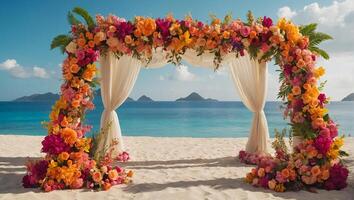 AI generated Beautiful wedding arch with flowers against the background of the sea photo