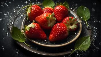 AI generated Juicy ripe strawberry on a dark background photo