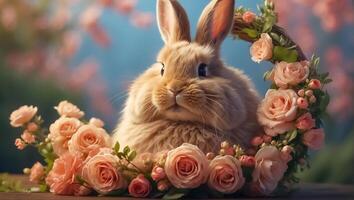 AI generated cute fluffy bunny with flowers photo