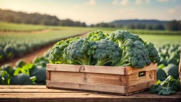 AI generated Harvest of broccoli cabbage against the background of a field photo