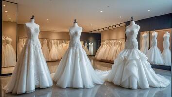 AI generated Beautiful wedding dresses in the salon photo