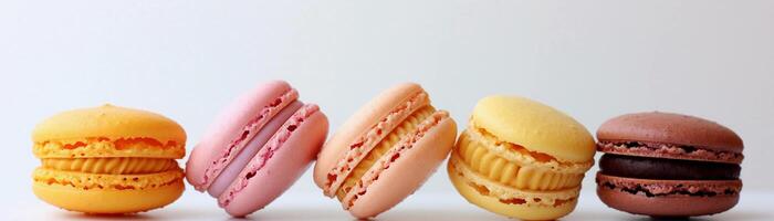 ai generado clasificado macarrones, arreglo de vistoso macarons en un limpiar blanco fondo, antecedentes imagen, generativo ai foto