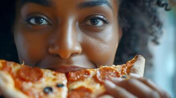 ai generado de cerca de un negro hembra comiendo un delicioso pizza, antecedentes imagen, generativo ai foto