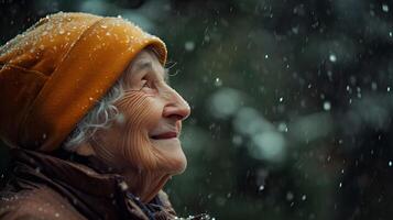 AI generated Side view portrait of a smiling elderly white female drenched in the pouring rain, generative AI, background image photo