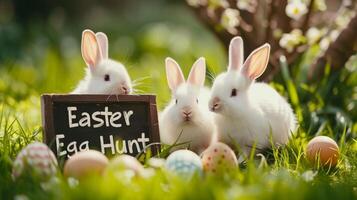 AI generated Photo of the text 'Easter Egg Hunt' written on a board side by side with rabbits and easter eggs, generative AI