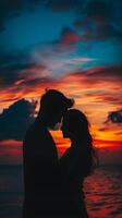 ai generado silueta de un Pareja abrazando en contra un vistoso atardecer, San Valentín día vibras, antecedentes imagen, generativo ai foto