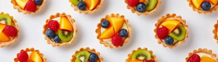 AI generated Fruit Tartlets, variety of fruit tartlets arranged in a visually appealing pattern on a white background, background image, generative AI photo