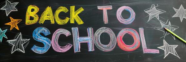 AI generated Photo of the text 'Back To School' written using colorful chalk on a classroom blackboard, generative AI