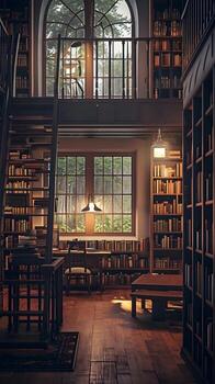 AI generated Back to school, Library Escape, Showcase the quiet and studious atmosphere of a library, background image, generative AI photo