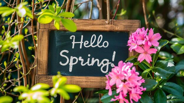 AI generated Photo of text 'Hello Spring' written with marker on wooden board, generative AI