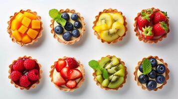 AI generated Fruit Tartlets, variety of fruit tartlets arranged in a visually appealing pattern on a white background, background image, generative AI photo
