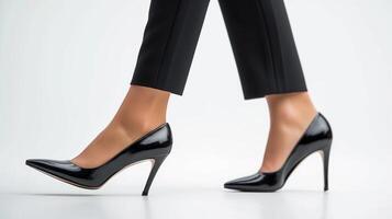 AI generated A woman's feet walking wearing black high heels on white background, background image, generative AI photo