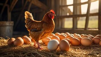 AI generated Chicken with eggs in the barn photo