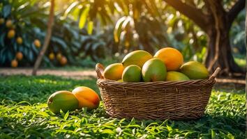 AI generated ripe mango harvest the garden photo