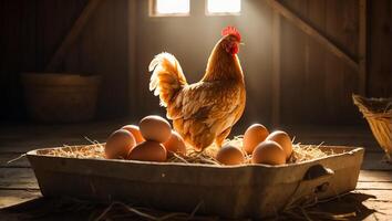 ai generado pollo con huevos en el granero foto