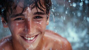 ai generado retrato de un sonriente joven blanco masculino empapado en pesado lluvia, generativo ai, antecedentes imagen foto