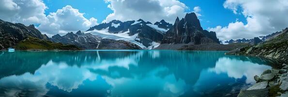 AI generated Azure Blue Glacier Lake, A pristine high-altitude lake surrounded by glaciers, reflecting the vibrant blue of the sky, background image, generative AI photo