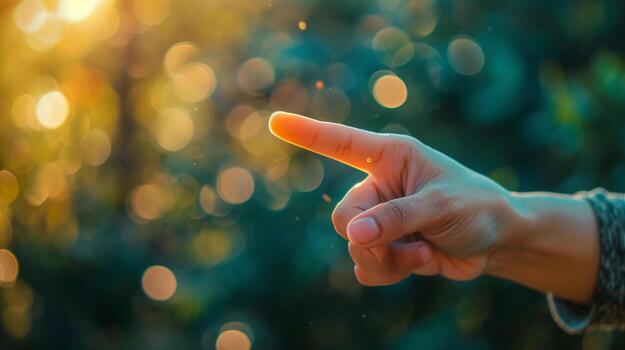 AI generated Hand with an extended index finger pointing in a specific direction, background image, generative AI photo