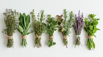 AI generated Herb Bundle Composition, medicinal herbs tied with twine or ribbon, background image, generative AI photo