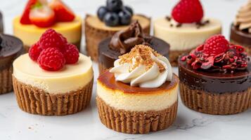 AI generated Mini Cheesecakes, assortment of mini cheesecakes with different flavors and toppings, background image, generative AI photo