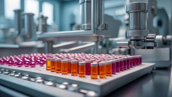 AI generated production line for bottled medicine production photo