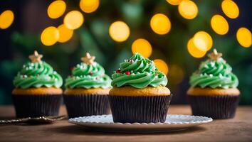 AI generated delicious cupcakes with cream on the table photo